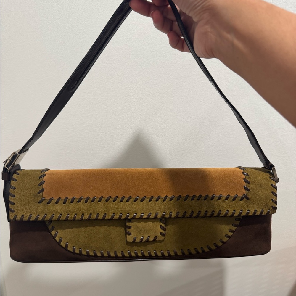 Salvatore Ferragamo Suede Shoulder Bag in Mustard, Olive & Brown